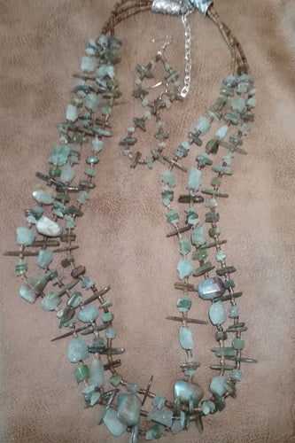 3 Strand Raw Aquamarine Necklace and Earrings