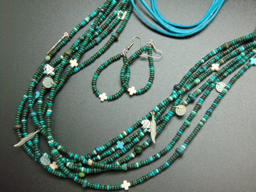 Turquoise Rondell Bead Charm Necklace and Earrings