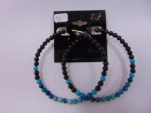 2 1/2" Hoop Beaded Earrings. Black and Turquoise.