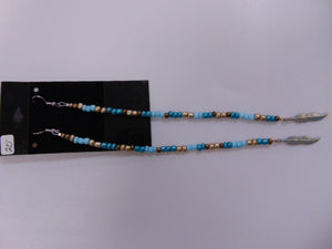 7 1/2" Single strand with patina Feathers with Gold, Brown, Turquoise, Light Blue beads.