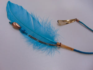 13" Turquoise suede with Turquoise feather with Copper and Turquoise beads.