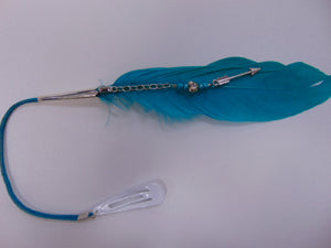 12" Turquoise suede with Turquoise feathers. With Silver and Turquoise beads and Silver arrowhead.
