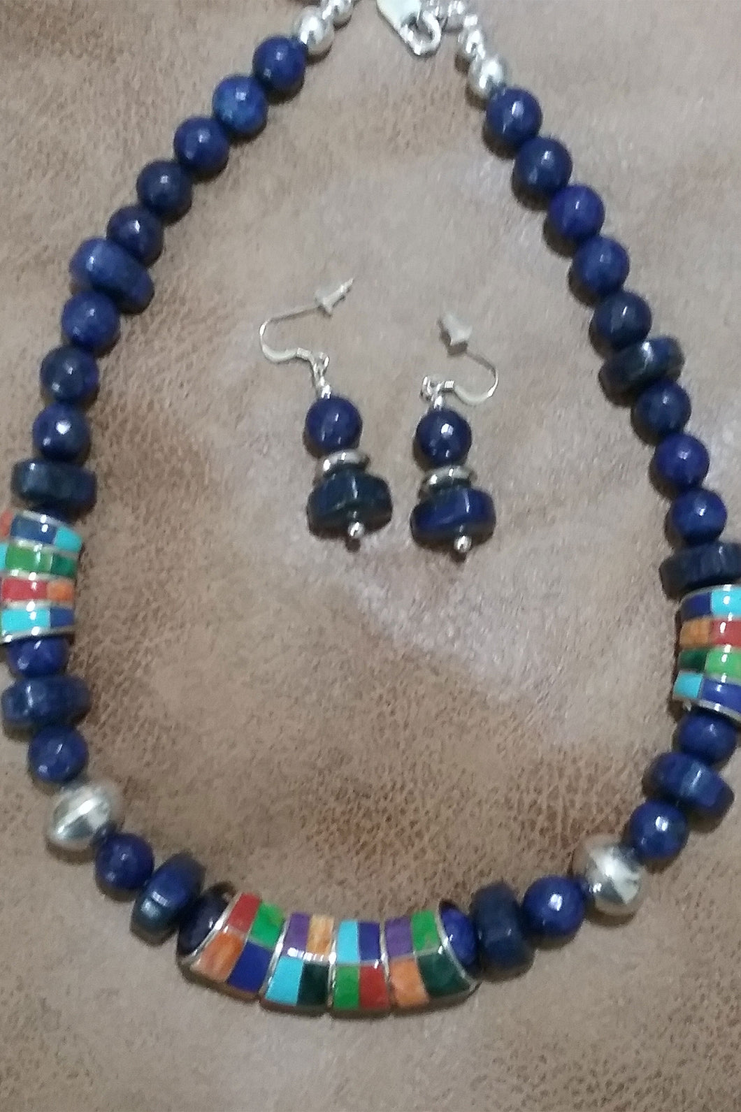 Single Strand Lapis Necklace with 3 Sterling Silver Slides and Earrings
