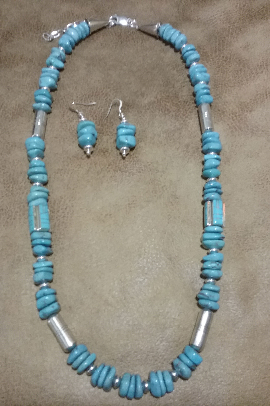 Single Strand Blue Turquoise Necklace and Earrings