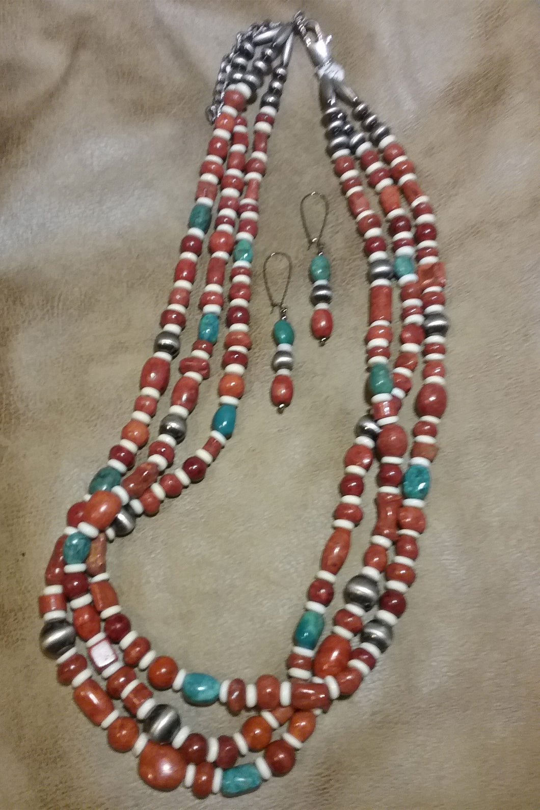 3 Strands Apple Coral Necklace and Earrings