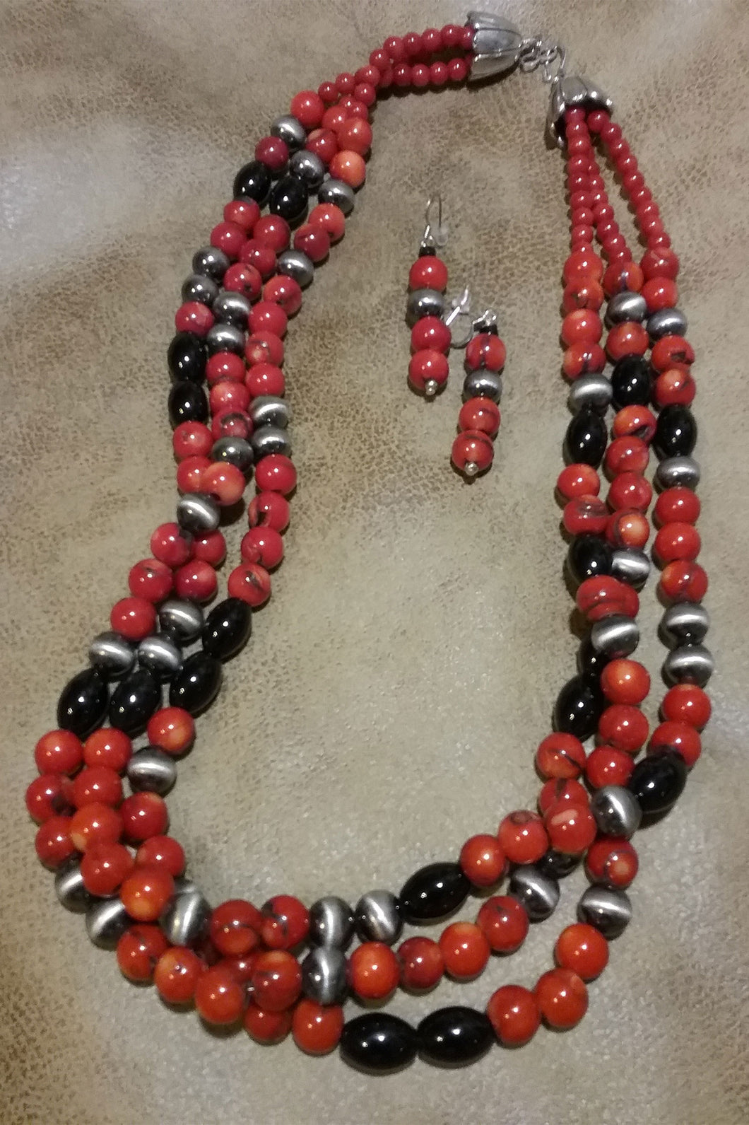 3 Strand Red Coral Necklace and Earriings