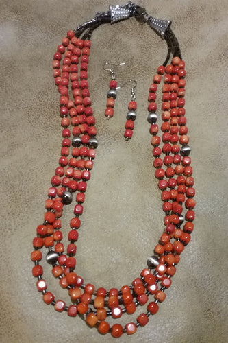 4 Strand Orange Coral Necklace and Earrings
