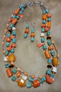 3 Strand Coral and Turquoise Necklace and Earrings