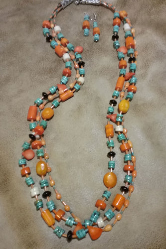3 Strand Coral and Turquoise Necklace and Earrings