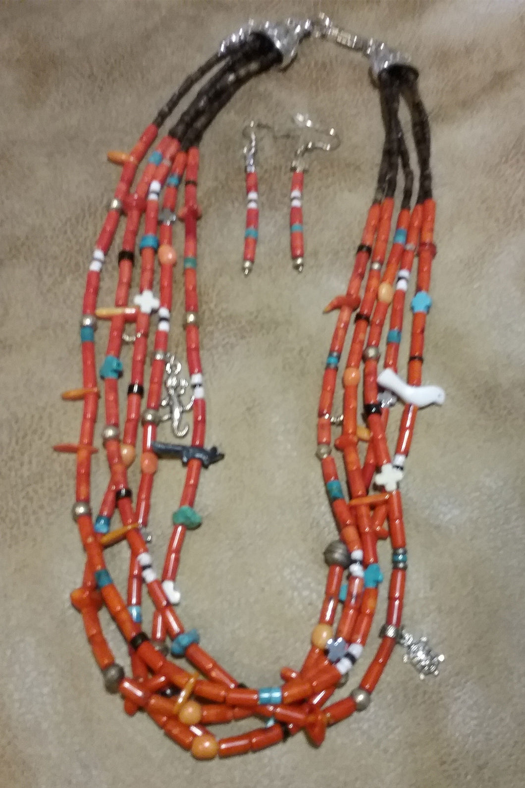 5 Strand Coral Necklace and Earrings