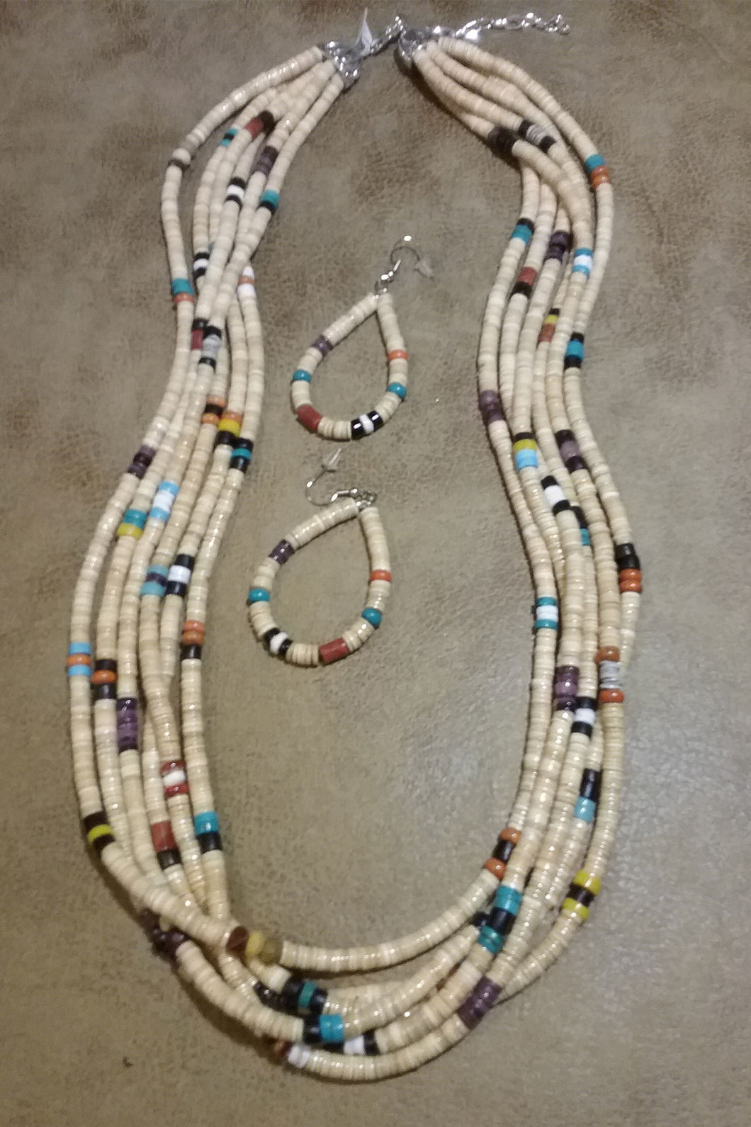 6 Strand Off White Shell Heishi Necklace and Earrings