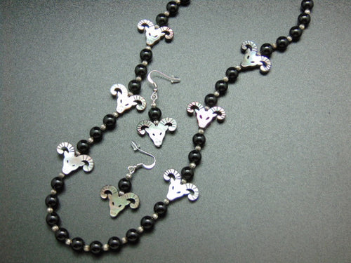 Onyx and Mother of Pearl Ram Heads Necklace and Earrings