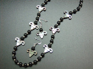 Onyx and Mother of Pearl Ram Heads Necklace and Earrings