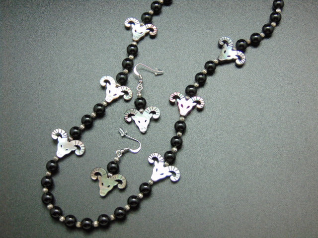 Onyx and Mother of Pearl Ram Heads Necklace and Earrings