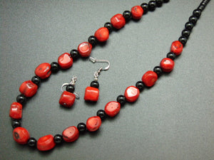 Red Coral and Onyx Necklace and Earrings