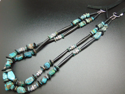 Blue Turquoise Stone and Black Wood Bead Necklace