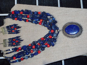 Lapis and Red Coral Necklace and Earrings