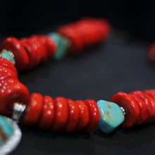 Load image into Gallery viewer, Red Coral &amp; Turquoise Necklace with Earrings